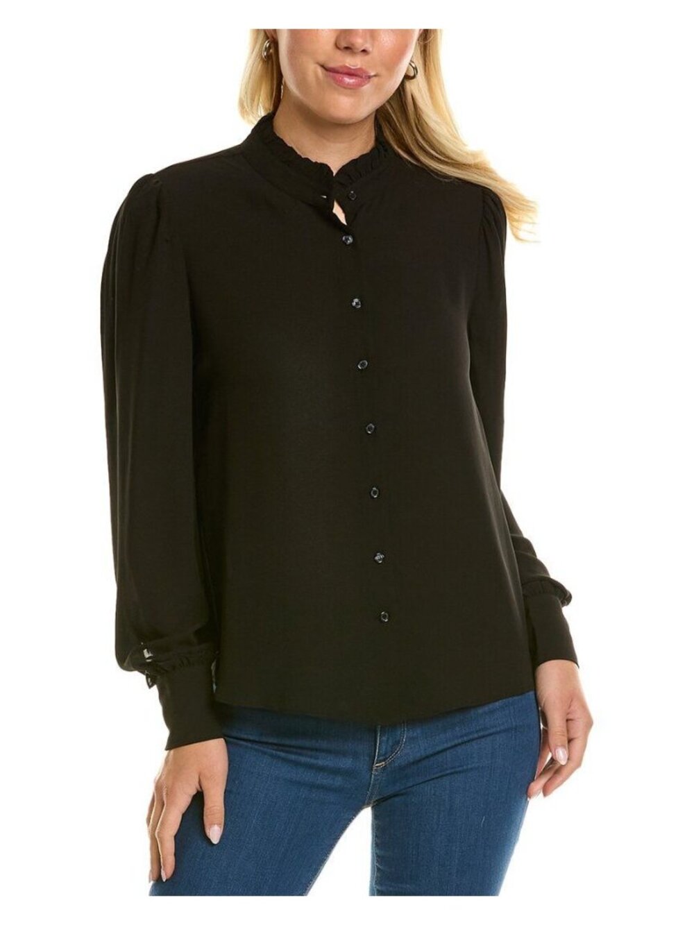NWT T Tahari Black Mandarin Collar Button-Down Blouse Medium